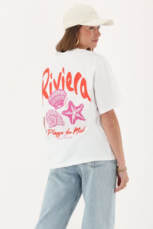 White T-shirt with orange "Riviera" | My Jewellery