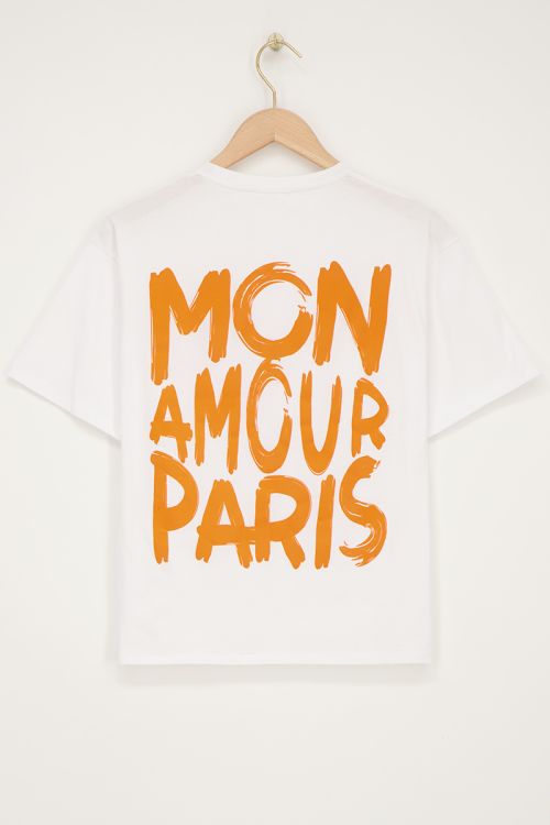 White T-shirt with orange "Mon amour Paris" | My Jewellery