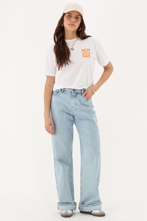 White T-shirt with orange "Mon amour Paris" | My Jewellery