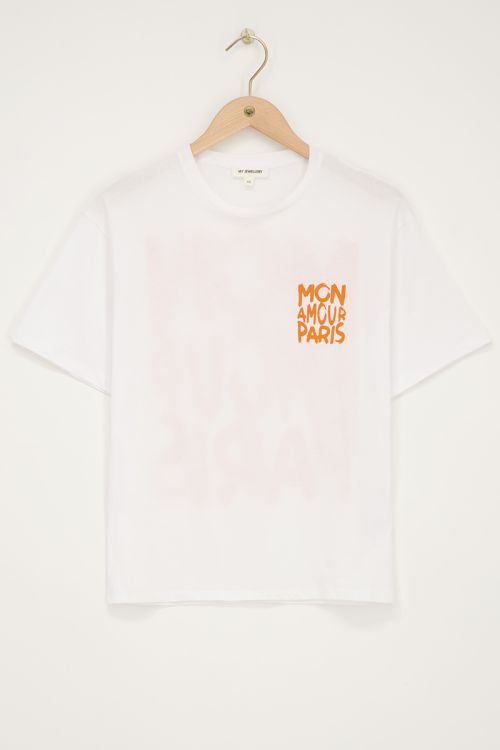 White T-shirt with orange "Mon amour Paris" | My Jewellery