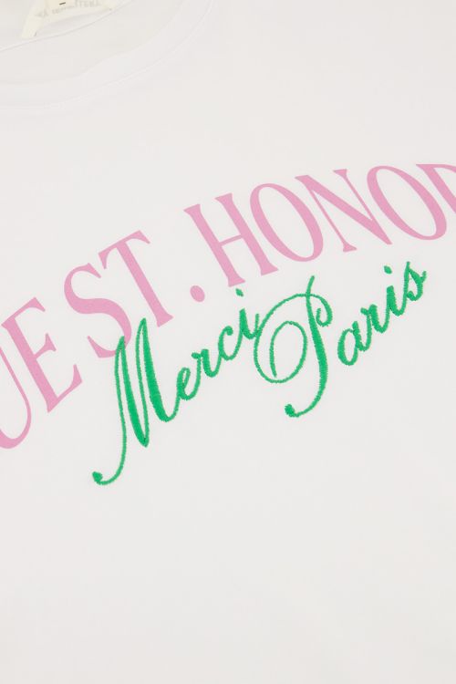 White t-shirt with purple ''Rue st. honoré'' | My Jewellery