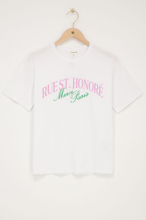 White t-shirt with purple ''Rue st. honoré'' | My Jewellery
