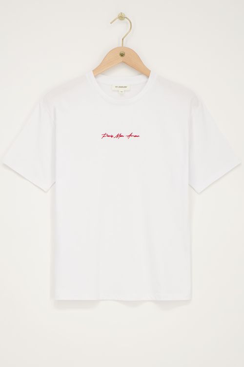 White T-shirt with red "Paris mon amour" embroidery