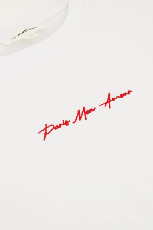 White T-shirt with red "Paris mon amour" embroidery