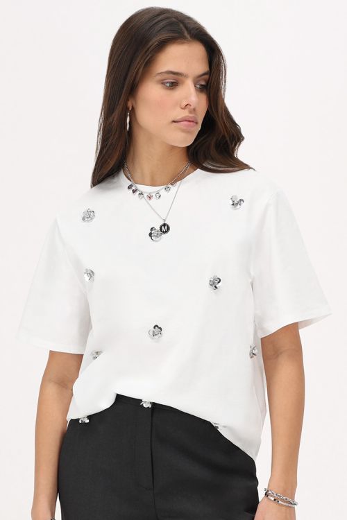 White T-shirt with silver 3D flowers | My Jewellery