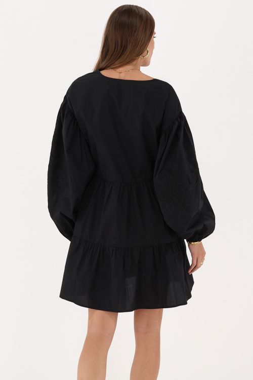 Wide black dress with puff sleeves & embroidery details | My Jewellery