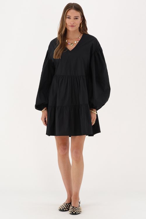 Wide black dress with puff sleeves & embroidery details | My Jewellery