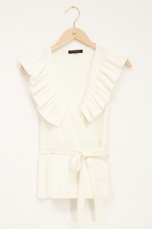 White sleeveless ruffled wrap cardigan 