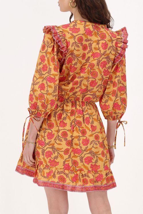 Yellow dress with floral print & ruffles | My Jewellery
