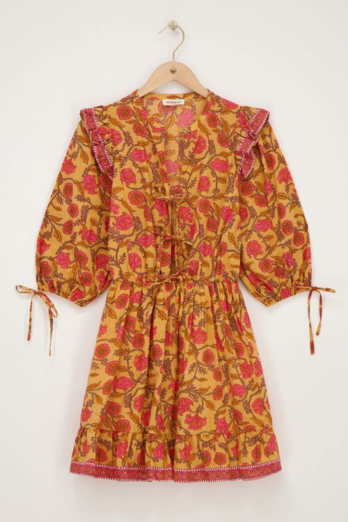 Yellow dress with floral print & ruffles | My Jewellery