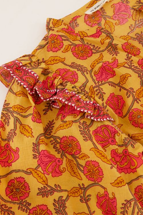 Yellow dress with floral print & ruffles | My Jewellery