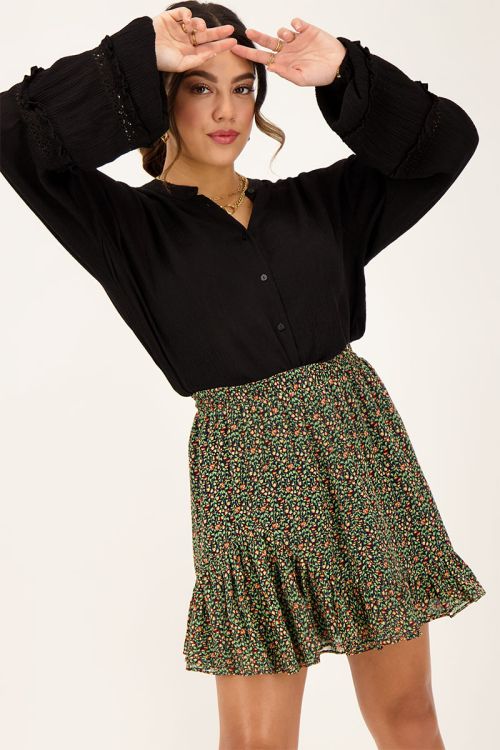 Zwart rokje met ruffles & bloemenprint