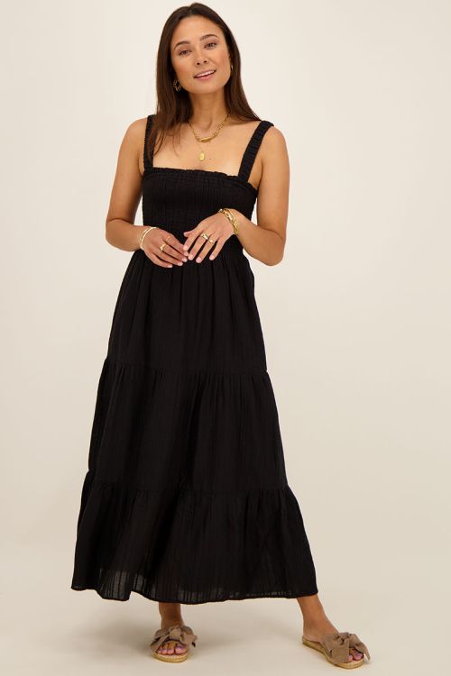 Zwarte maxi jurk met smock | My Jewellery