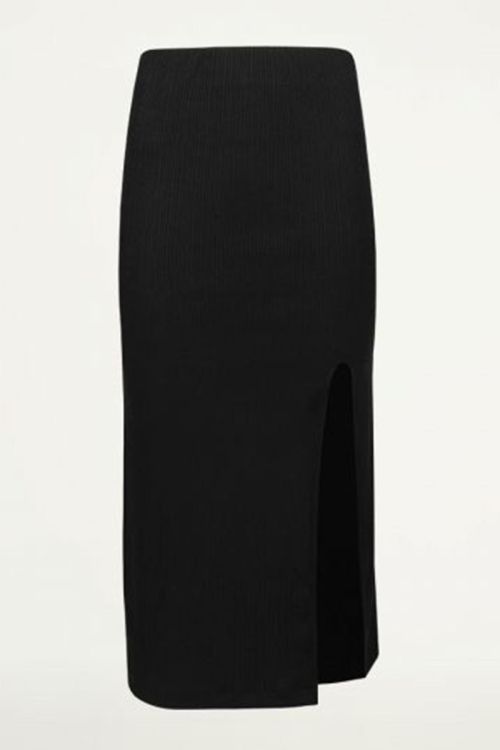 Zwarte rok met split ribstof, kokerrok