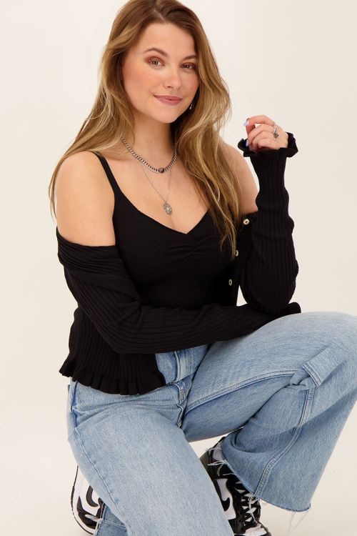 Zwarte top met fijne rib & V-hals | Tops | My Jewellery