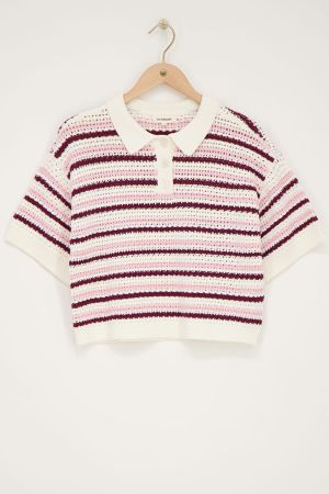 Beigefarbenes gestricktes Poloshirt mit Streifen