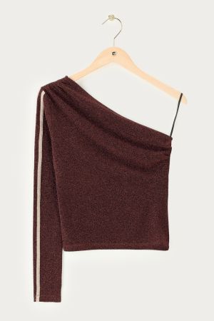 Braunes One-Shoulder-Oberteil aus Lurex mit Streifen