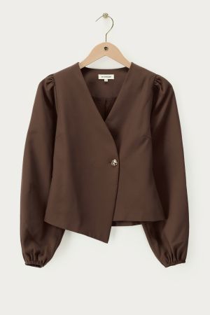 Braunes Oberteil mit Überlappung und langen Puffärmeln