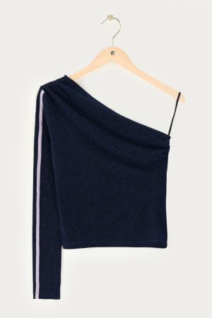 Dunkelblaues One-Shoulder-Oberteil aus Lurex mit Streifen
