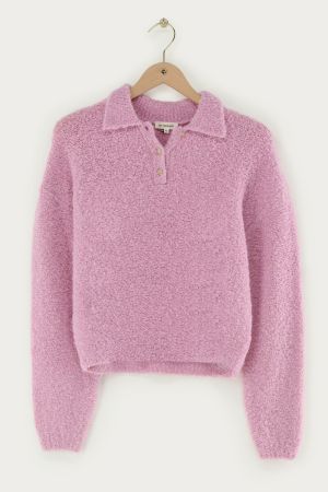 Pinke langärmeliges Bouclé-Poloshirt