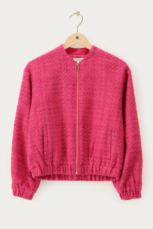 Pinke Bouclé-Bomberjacke mit Streifen