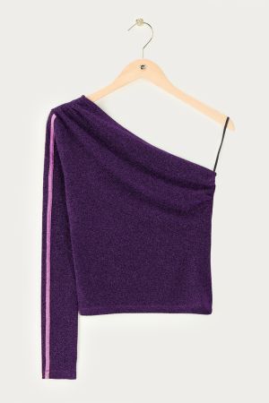 Lila One-Shoulder-Oberteil aus Lurex mit Streifen