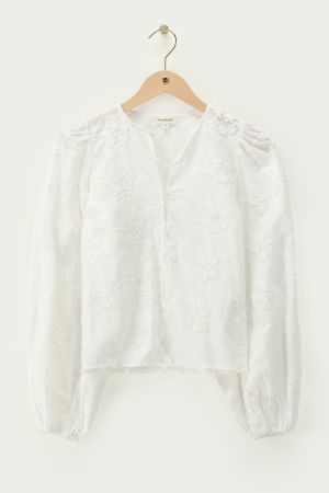 Weiße Bluse mit Trompetenärmeln und 3D-Blumen