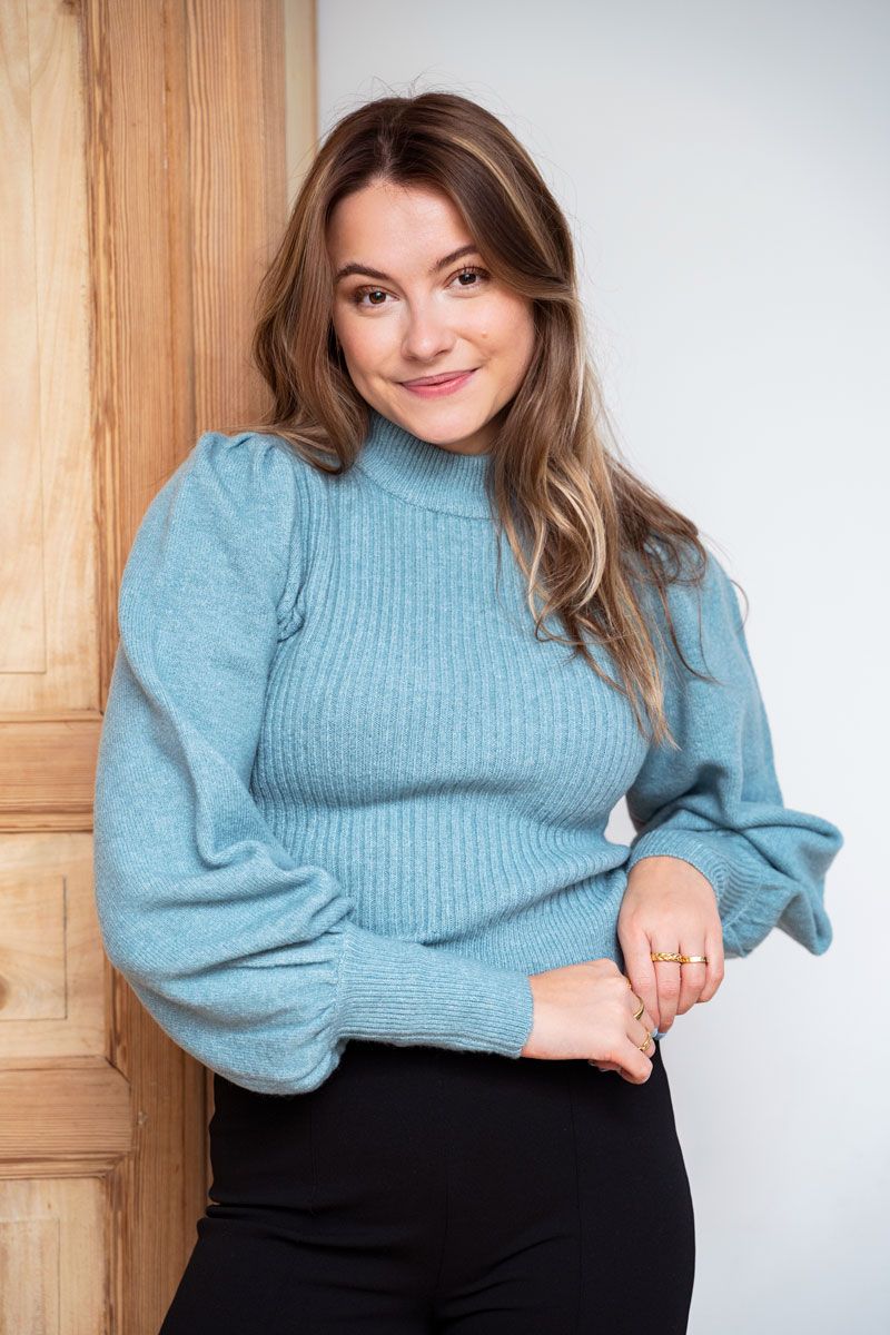 Blue rib turtleneck with puff sleeves