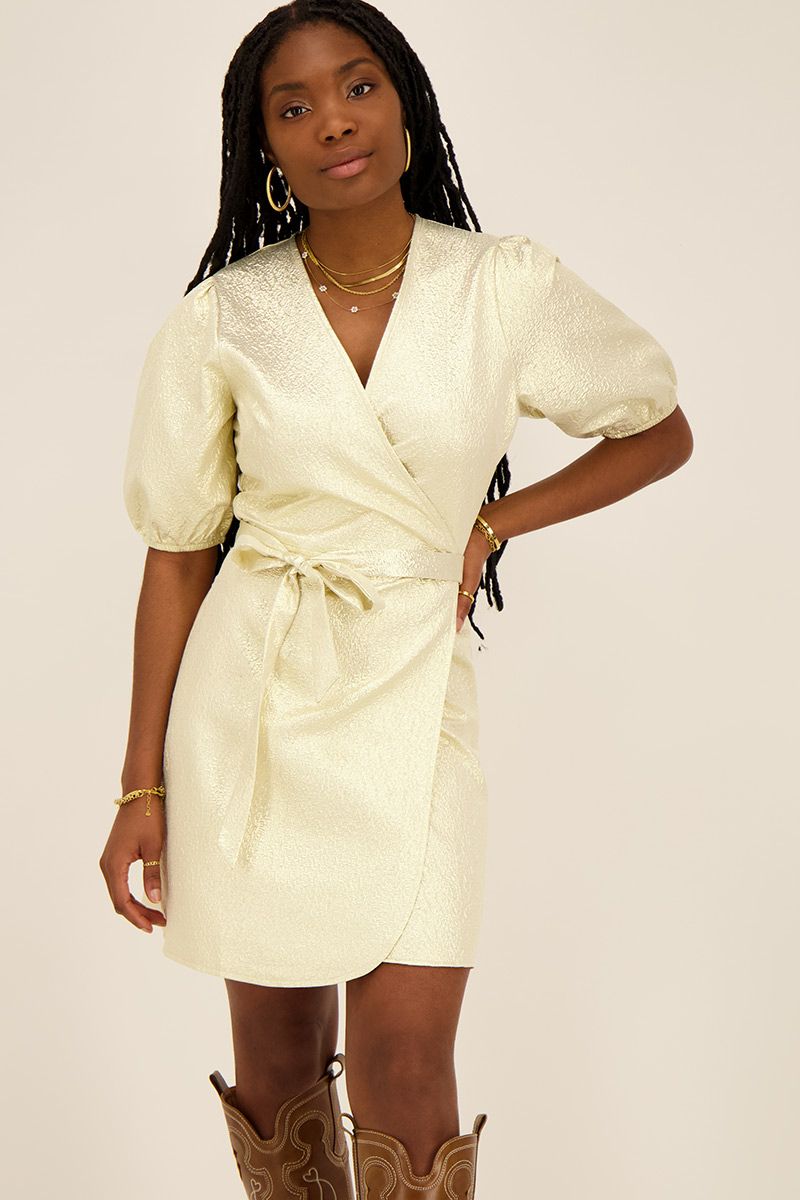 Gold metallic top wrap dress