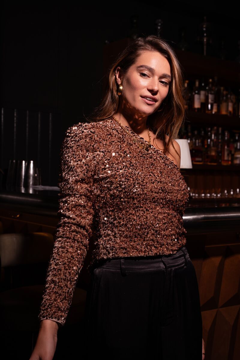 Rose gold one shoulder top with sequins
