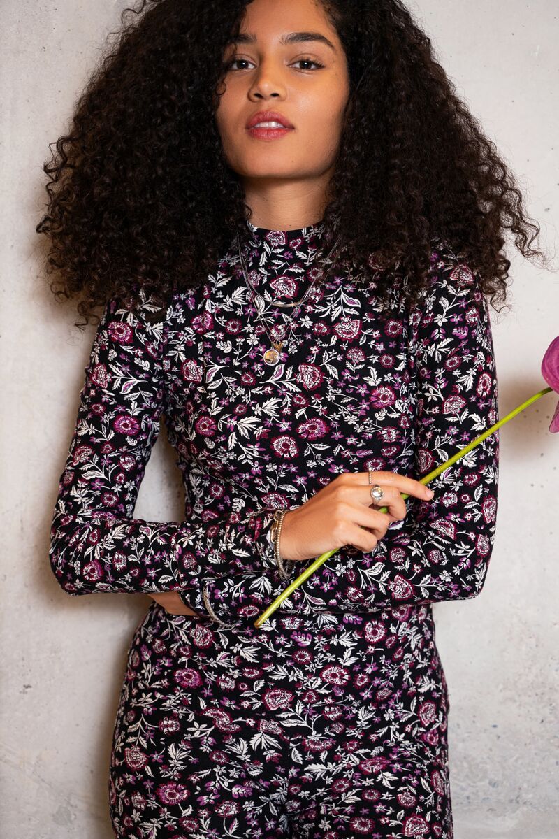 Black turtleneck top in red floral print My Jewellery