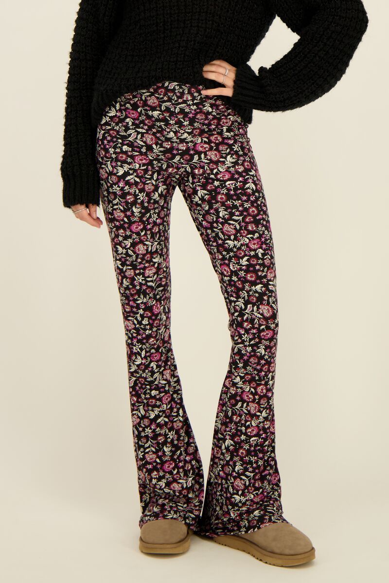 Black flared trousers with red floral print My Jewellery