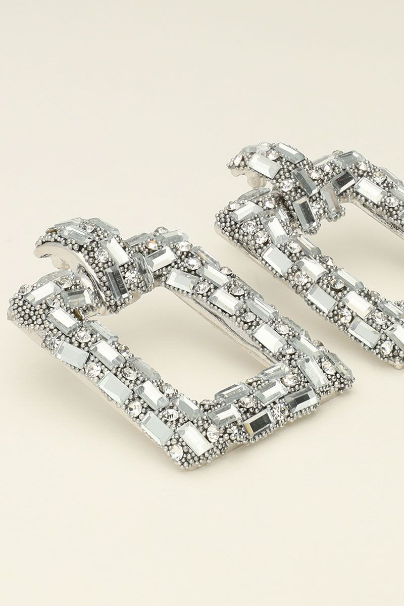 Universe silver statement earrings square with rhinestones