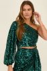 Green one-shoulder puff-sleeved top with sequins | My Jewellery