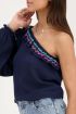 Dark blue one-shoulder top with multicoloured embroidery | My Jewellery