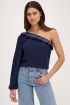 Dark blue one-shoulder top with multicoloured embroidery | My Jewellery