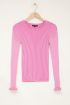 Roze trui met strepen & ruffle mouw | My Jewellery