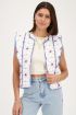 White gilet with blue and pink embroidery | My Jewellery