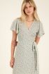 White midi wrap dress with blue floral print | My Jewellery