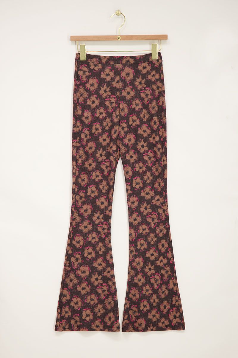Black flared trousers with brown pink floral print My Jewellery