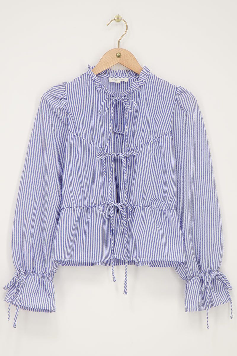 blue and white striped ruffle shirt