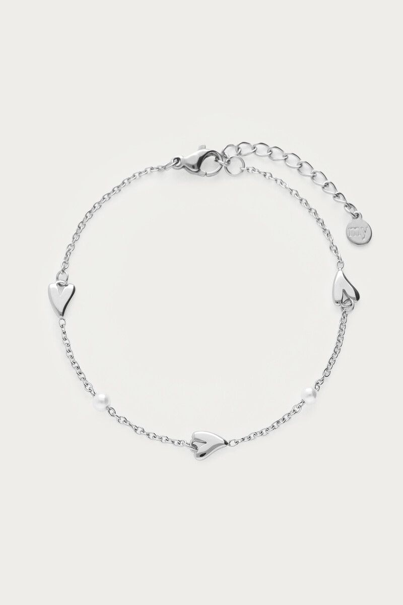 Bracelet Chaîne Argent 925 Avec Perles Et Pendentif Cœur - Occasion Bon état