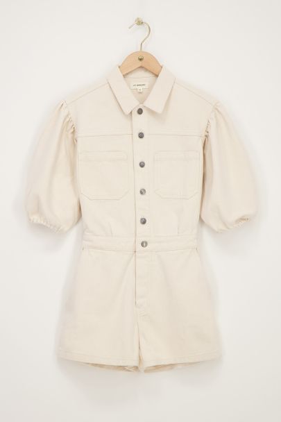 Beige denim playsuit met pofmouwen
