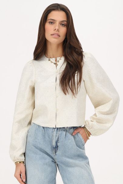 Beige shiny jacquard long sleeve top