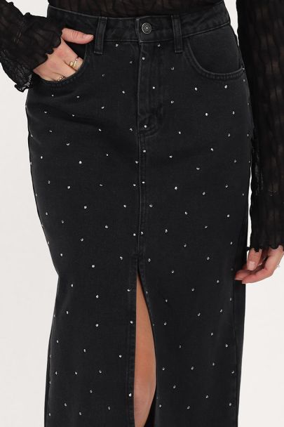 Jupe midi en denim noir avec strass