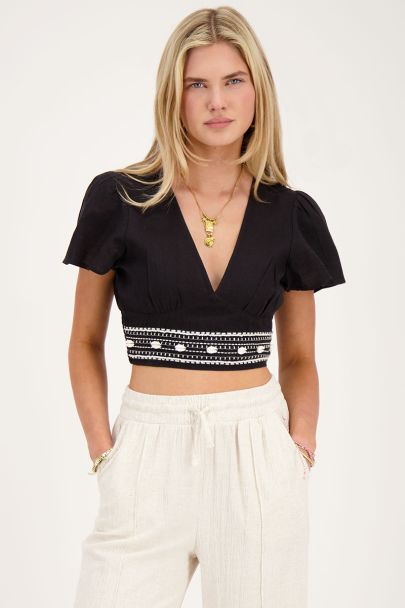 Zwarte linnen look top met schelpjes