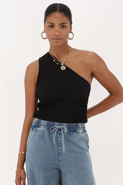 Zwarte one-shoulder top met structuur