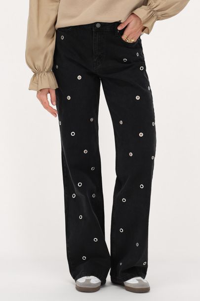 Black wide leg jeans with open studs