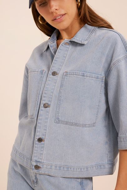 Blauwe denim top met strepen structuur