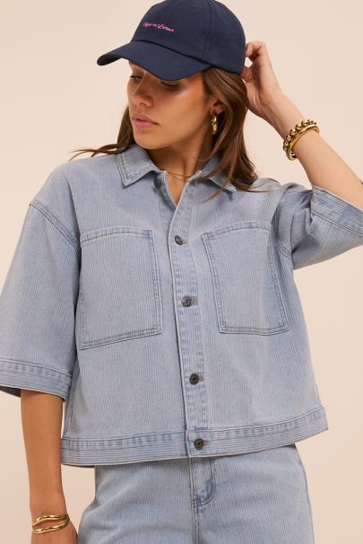 Blauwe denim top met strepen structuur